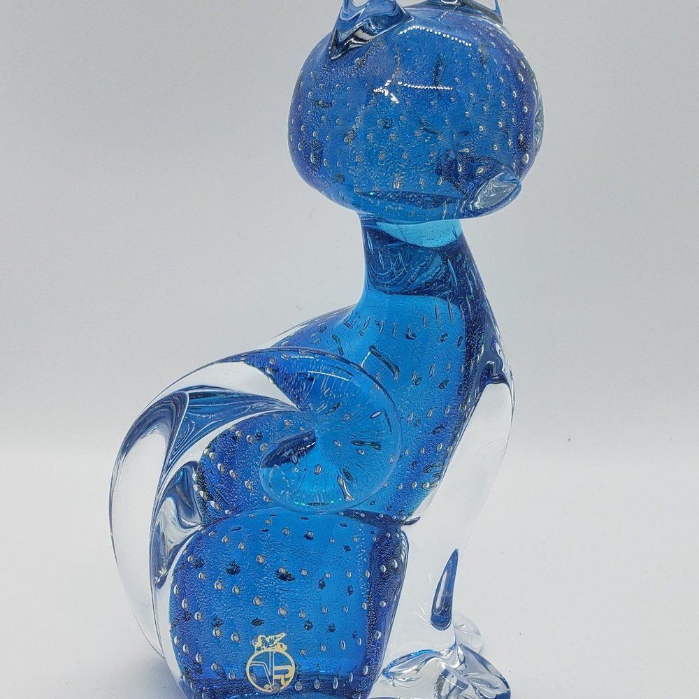 Murano Vetro Artistico Blue Gold Fleck Art Glass Cat Figurine Paperweight